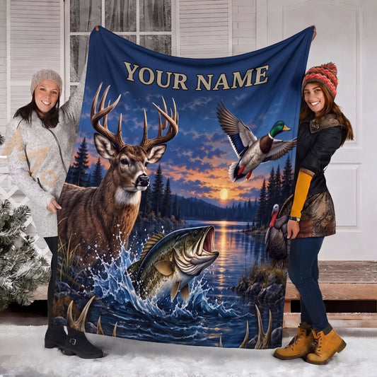 Maxcorners Wildlife Animals Whitetail Deer Bass Fish Mallard Lake Personalized Name 3D Blanket