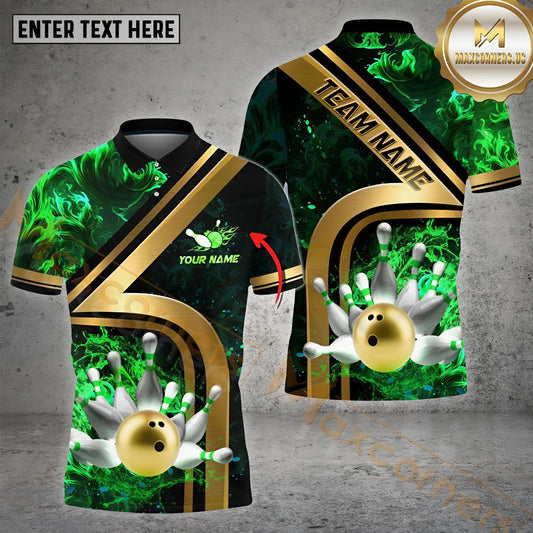 Maxcorners Bowling Flame Gold Bowling Ball Multicolor Options Personalized Name, Team Name 3D Polo Shirt (4 Colors)