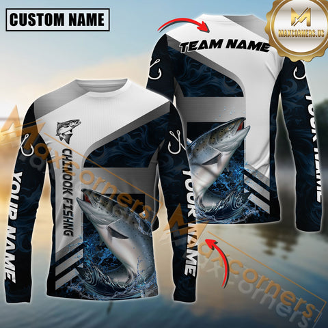 Maxcorners Chinook Fishing Blue Deep Wave Hook Personalized Name, Team Name Long Sleeve Shirt
