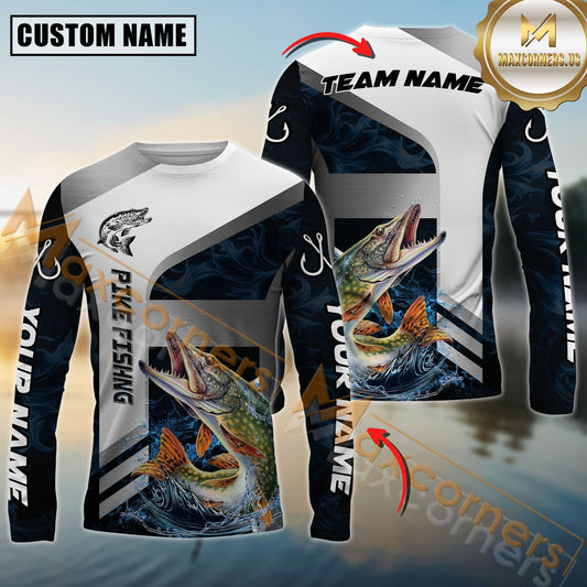 Maxcorners Fishing Blue Deep Wave Hook Personalized Name, Team Name Long Sleeve Shirt (8 Fish Species)