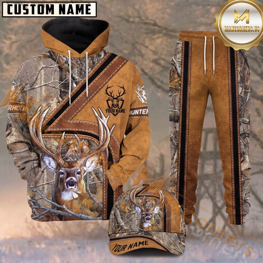 Maxcorners Hunting Deer Brown Leather Woodland Camo Personalized 3D Hoodie