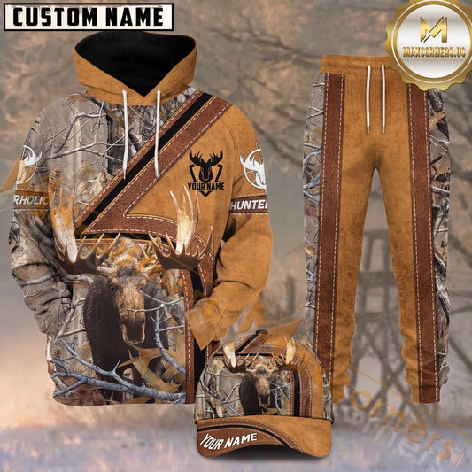 Maxcorners Hunting Moose Brown Leather Woodland Camo Personalized 3D Hoodie