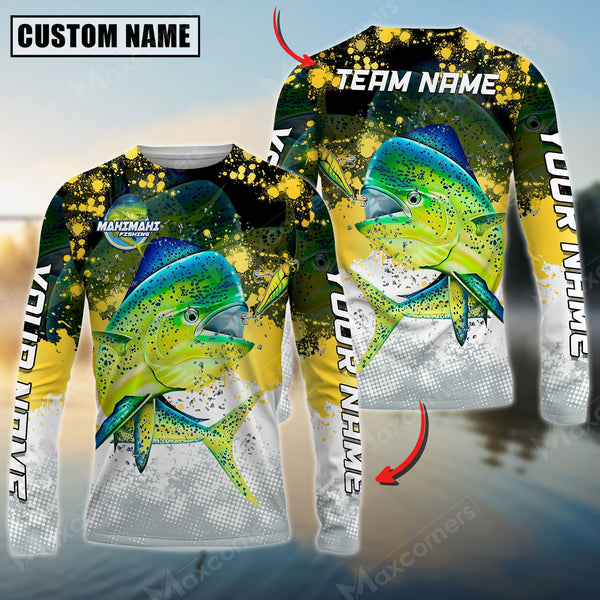 Maxcorners Mahi-Mahi Fishing Yellow White Jersey Sport Pattern Sun Protection Personalized Name Team Name 3D Shirts