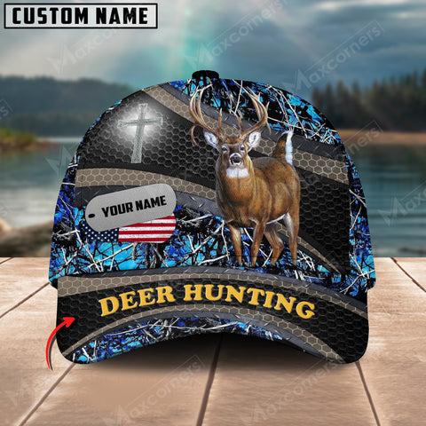 Maxcorners Deer Hunting Cross With USA Flag Camo Pattern Multicolor Personalized Name 3D Cap