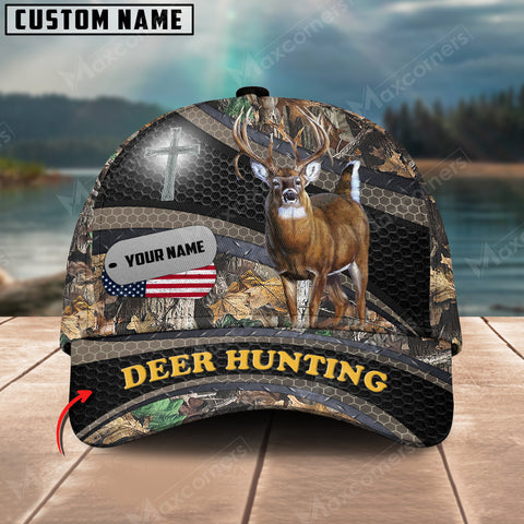 Maxcorners Deer Hunting Cross With USA Flag Camo Pattern Multicolor Personalized Name 3D Cap