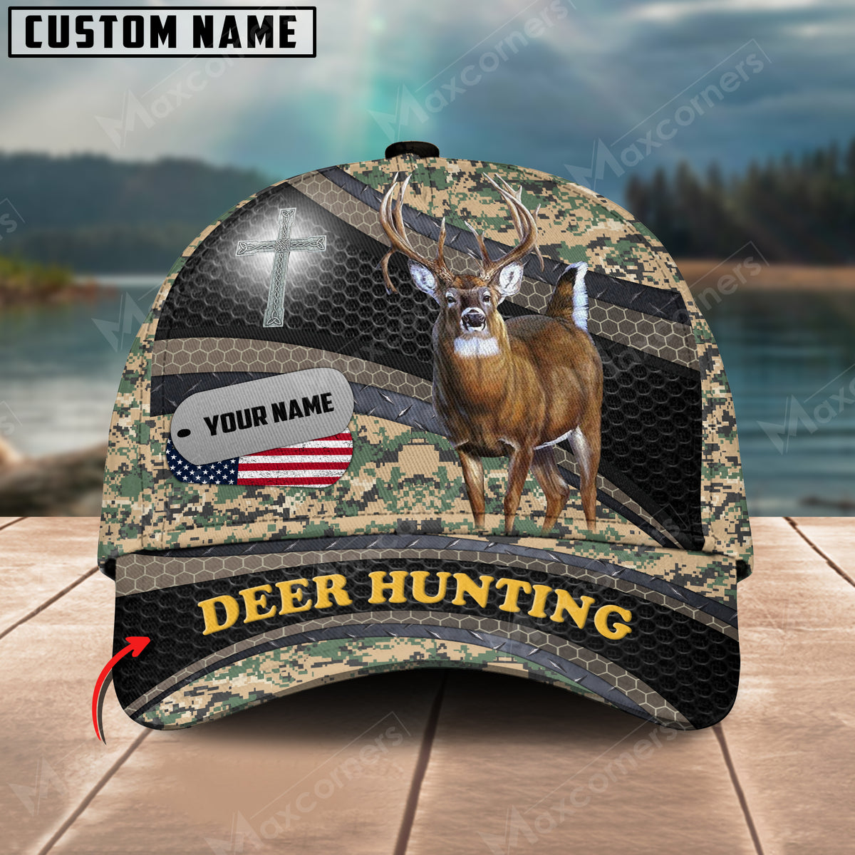 Maxcorners Deer Hunting Cross With USA Flag Camo Pattern Multicolor Personalized Name 3D Cap