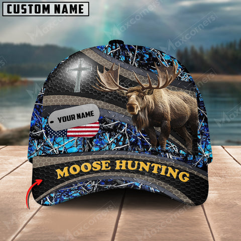 Maxcorners Moose Hunting Cross With USA Flag Camo Pattern Multicolor Personalized Name 3D Cap