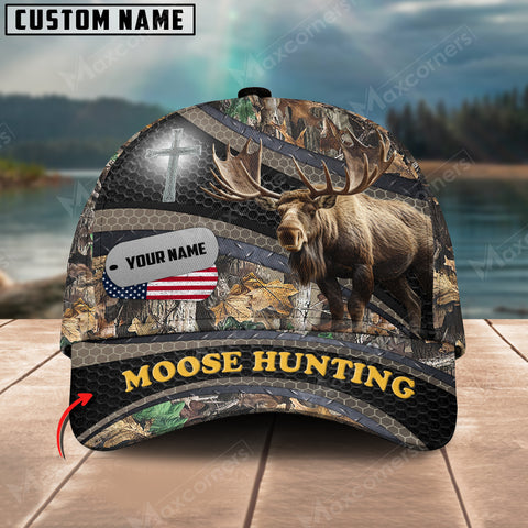 Maxcorners Moose Hunting Cross With USA Flag Camo Pattern Multicolor Personalized Name 3D Cap