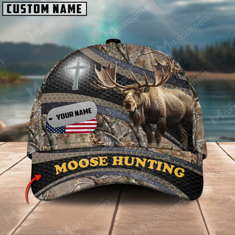 Maxcorners Moose Hunting Cross With USA Flag Camo Pattern Multicolor Personalized Name 3D Cap