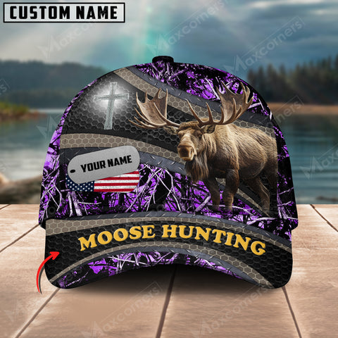 Maxcorners Moose Hunting Cross With USA Flag Camo Pattern Multicolor Personalized Name 3D Cap