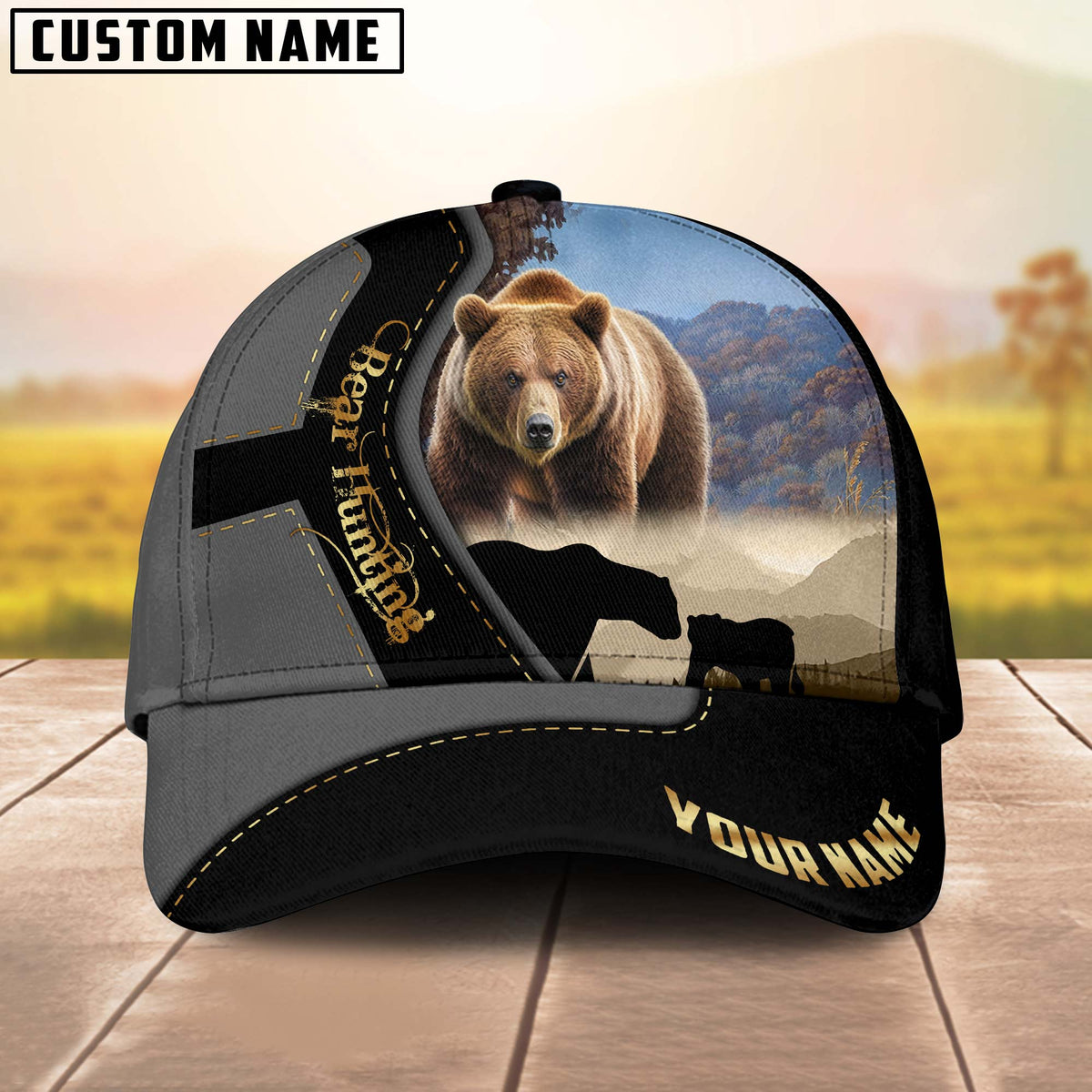 Maxcorners Bear Hunting Majestic Camouflage Multicolor Personalized Name 3D Cap