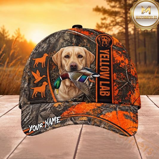 Maxcorners Hunting Dog Duck Hunter Blaze Orange Camo Personalized Name Unisex 3D Cap