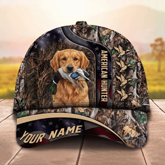 Maxcorners American Hunter Dog Patriotic Flag Duck Hunting Personalized Name Unisex 3D Cap