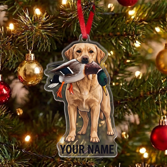 Maxcorners Yellow Labrador Hunting Dog With Mallard Duck Personalized Name Ornament And Keychain Custom Gift For Hunters 2D Flat