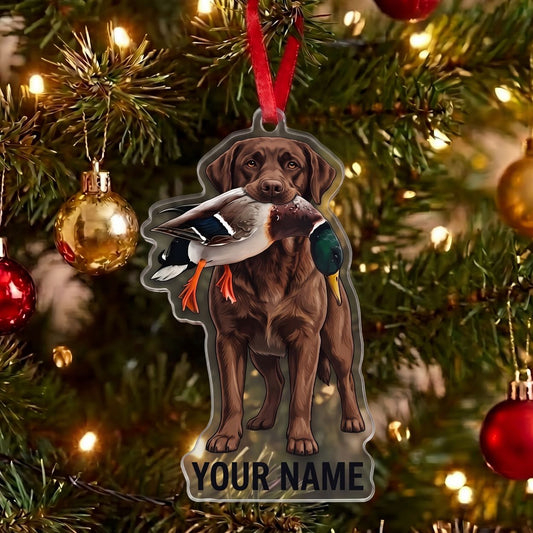 Maxcorners Chocolate Labrador Hunting Dog With Mallard Duck Personalized Name Ornament And Keychain Custom Gift For Hunters 2D Flat