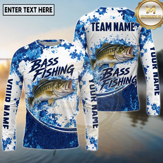(13 Breeds) Maxcorners Fishing Water Splash Paint Splatter Blue White Honeycomb Mesh Curved Swoosh Custom Team Name Personalized Name 3D Long Sleeve Shirt