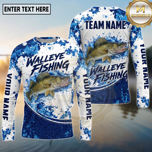 (13 Breeds) Maxcorners Fishing Water Splash Paint Splatter Blue White Honeycomb Mesh Curved Swoosh Custom Team Name Personalized Name 3D Long Sleeve Shirt
