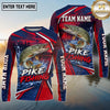 (13 Breeds) Maxcorners Fishing Sunset Water Reflection Racing Stripes Red Navy Blue Fish Scale Pattern Custom Team Name Personalized Name 3D Long Sleeve Shirt