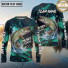 (13 Breeds) Maxcorners Fishing Aggressive Fish Water Splash Dark Green Teal Hexagon Pattern Fish Scale Custom Team Name Personalized Name 3D Long Sleeve Shirt