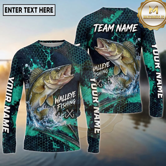 (13 Breeds) Maxcorners Fishing Aggressive Fish Water Splash Dark Green Teal Hexagon Pattern Fish Scale Custom Team Name Personalized Name 3D Long Sleeve Shirt