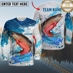 Maxcorners Salmon Fishing White Blue Water Fishing Pattern Sport Custom Name & Team Name 3D Shirts