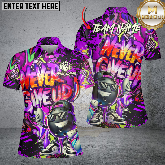 Maxcorners Funny Never Give Up Graffiti Pattern Bowling Game Jersey Multicolor Options Personalized Name, Team Name 3D Shirt For Women (4 Colors)
