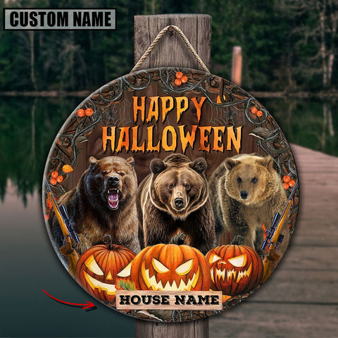 Maxcorners Bear Hunting With Pumpkin Customized House Name Halloween Wooden Sign