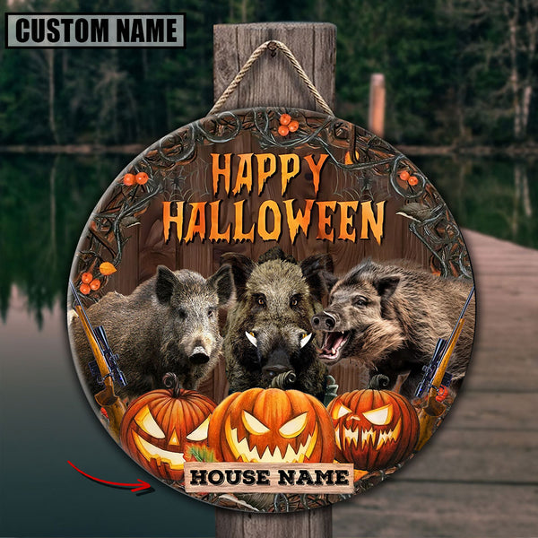 Maxcorners Boar Hunting With Pumpkin Customized House Name Halloween Wooden Sign