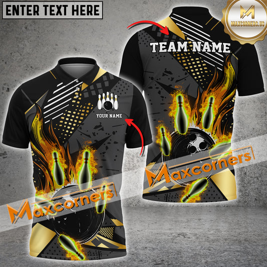 Maxcorners Bowling Ball And Pins Flame Bowling Premium Multicolor Option Customized Name, Team Name 3D Shirt (4 colors)