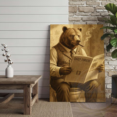 Maxcorners Bear Reading Daily Forest Newspaper Wrapped Canvas