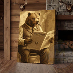 Maxcorners Bear Reading Daily Forest Newspaper Wrapped Canvas