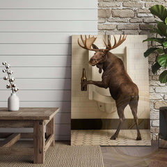 Maxcorners Moose Holding Beer at Urinal Wrapped Canvas
