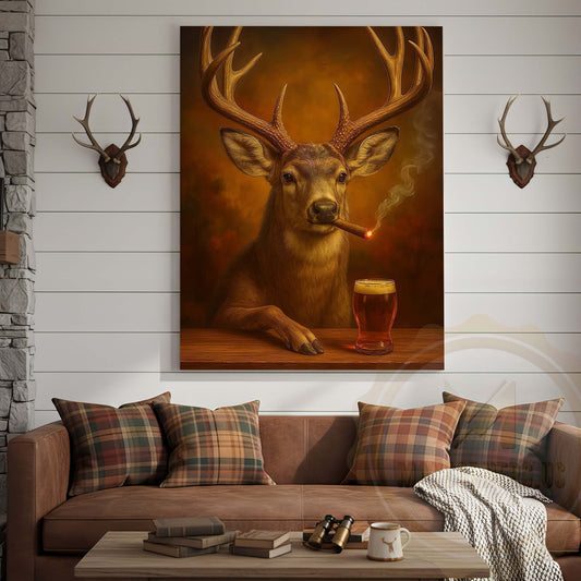 Maxcorners Deer with Beer Glass and Smoke Effect Wrapped Canvas