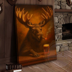 Maxcorners Moose with Beer Glass and Smoke Effect Wrapped Canvas