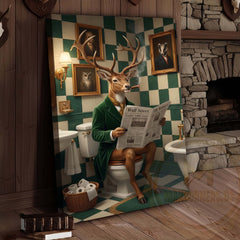 Maxcorners Deer Reading Newspaper in Bathroom Wrapped Canvas