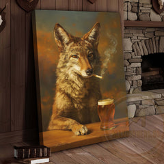Maxcorners Wolf with Beer Glass and Smoke Wrapped Canvas