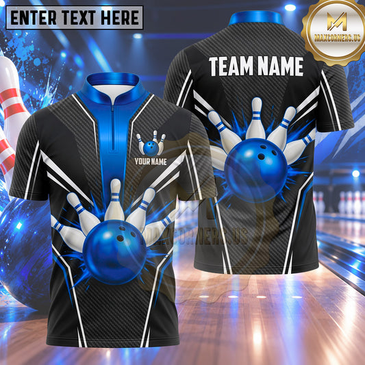 Maxcorners Bowling Bowling Ball Explosive Splash Crashing Pins Carbon Fiber Pattern Racing Stripes Multi Options Personalized Name, Team Name Unisex 3D Shirt (4 Colors)