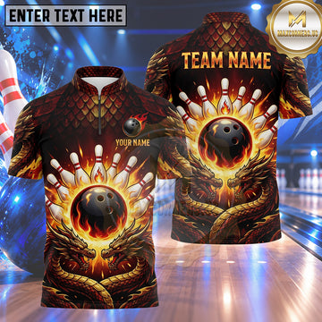 Maxcorners Bowling Twin Dragons Flame Bowling Ball Crashing Pins Dragon Scale Texture Multi Options Personalized Name, Team Name Unisex 3D Shirt (4 Colors)