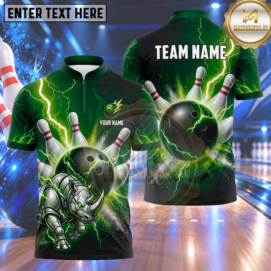 Maxcorners Bowling Mecha Armored Rhino Mechanical Lightning Energy Blast Bowling Ball Strike Crashing Pins Multi Options Personalized Name, Team Name Unisex 3D Shirt (4 Colors)