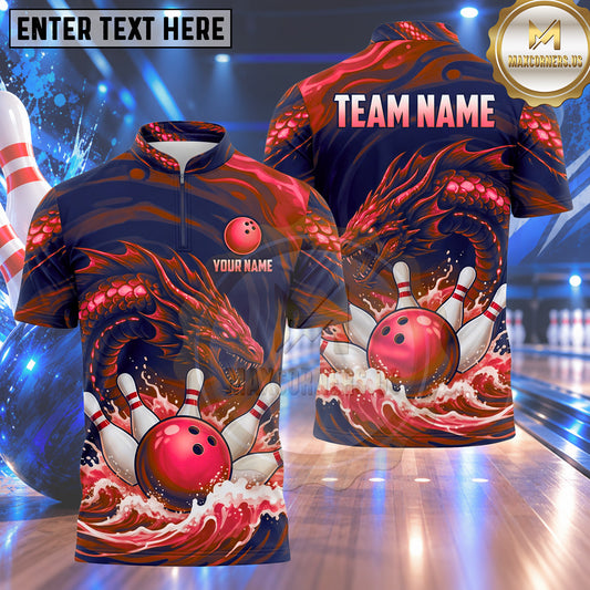 Maxcorners Bowling Sea Serpent Water Dragon Ocean Waves Water Splash Bowling Ball Strike Crashing Pins Multi Options Personalized Name, Team Name Unisex 3D Shirt (4 Colors)