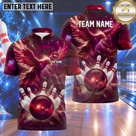 Maxcorners Bowling Fiery Phoenix Cosmic Galaxy Nebula Space Bowling Ball Strike Crashing Pins Multi Options Personalized Name, Team Name Unisex 3D Shirt (4 Colors)