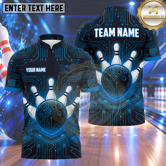 Maxcorners Bowling High Tech Microchip Circuit Board Glow Bowling Ball Strike Crashing Pins Multi Options Personalized Name, Team Name Unisex 3D Shirt (4 Colors)