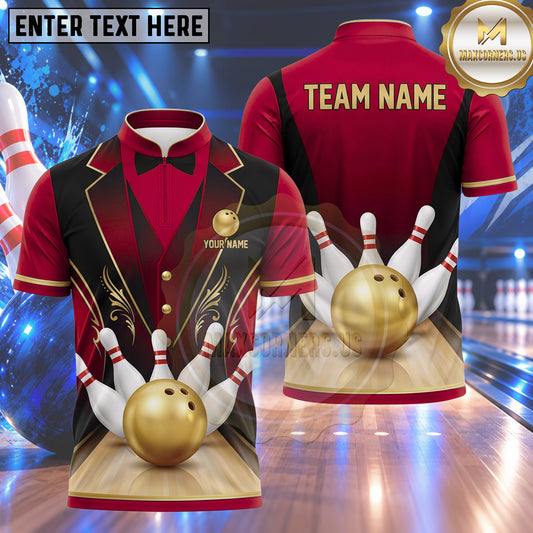 Maxcorners Bowling Elegant Tuxedo Bowtie Suit Filigree Gold Ornament Bowling Lane Ball Strike Pins Multi Options Personalized Name, Team Name Unisex 3D Shirt (4 Colors)