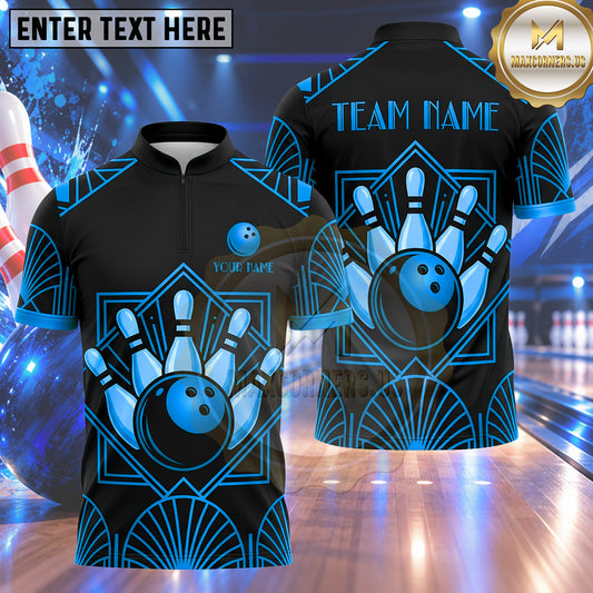 Maxcorners Bowling Art Deco Geometric Diamond Pattern Frame Bowling Ball Strike Crashing Pins Multi Options Personalized Name, Team Name Unisex 3D Shirt (5 Colors)