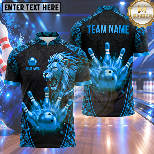 Maxcorners Bowling Fierce Roaring Lion Head Damask Pattern Frame Bowling Ball Strike Crashing Pins Multi Options Personalized Name, Team Name Unisex 3D Shirt (5 Colors)