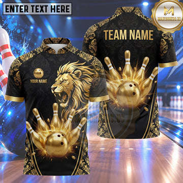 Maxcorners Bowling Fierce Roaring Lion Head Damask Pattern Frame Bowling Ball Strike Crashing Pins Multi Options Personalized Name, Team Name Unisex 3D Shirt (5 Colors)
