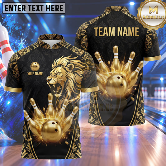 Maxcorners Bowling Fierce Roaring Lion Head Damask Pattern Frame Bowling Ball Strike Crashing Pins Multi Options Personalized Name, Team Name Unisex 3D Shirt (5 Colors)