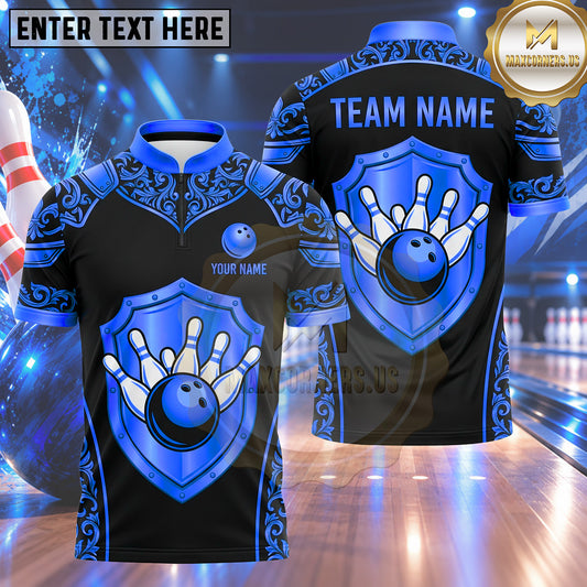 Maxcorners Bowling Medieval Knight Shield Filigree Damask Pattern Frame Bowling Ball Strike Crashing Pins Multi Options Personalized Name, Team Name Unisex 3D Shirt (5 Colors)