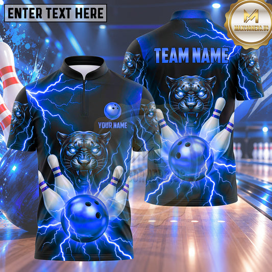 Maxcorners Bowling Roaring Panther Head Electric Lightning Strike Bowling Ball Crashing Pins Multi Options Personalized Name, Team Name Unisex 3D Shirt (5 Colors)