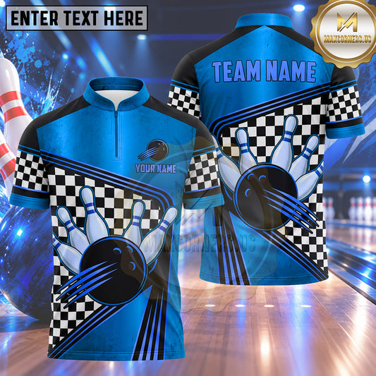 Maxcorners Bowling Racing Checkered Flag Grid Motion Lines Fast Speed Bowling Ball Strike Crashing Pins Multi Options Personalized Name, Team Name Unisex 3D Shirt (5 Colors)
